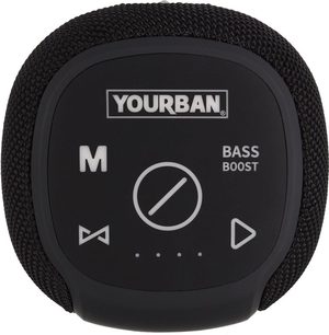 Bluetooth-højttaler Yourban GETONE 48 SORT, set forfra, sort overflade, hvide knapper, netstruktur, centreret logo