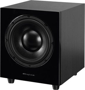 Wharfedale D10 sort baskabin, set forfra, sort rund højttaler i midten, mat sort kubisk kabinet