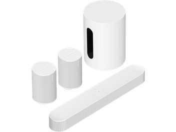 Pack barra de som Sonos Beam Gen 2 branca com duas colunas Era 100 SL e subwoofer Sub Mini