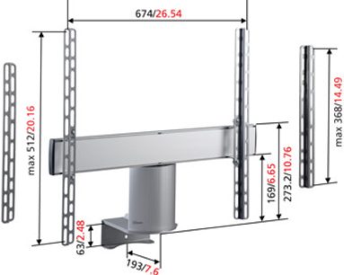 Vægmonteret TV-beslag fra Vogel's CFA 140 i grå metal med ledarmede og detaljerede dimensioner vist på teknisk diagram