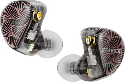 FiiO FX15 kõrvasisesed kõrvaklapid kaldvaates, poolläbipaistvast suitsuhallist vaigust korpused, mis paljastavad sisemised mehhanismid, mustad esipaneelid roosametallist radiaalmustrite ja hõbedase logoga, lühikesed otsikud hallide silikoonist otsikutega ning kuldsete ümmarguste ühendustega