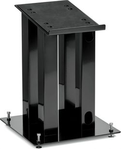 Soporte para altavoz Triangle S03 negro brillante, con columnas verticales, plataforma rectangular y base sobre puntas de desacoplamiento