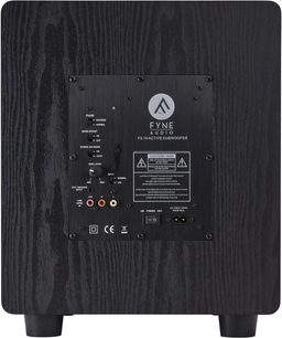 Subwoofer F3-10 sort træ, bagside, kontrolpanel med knapper, RCA-stik, afbryder, strømstik