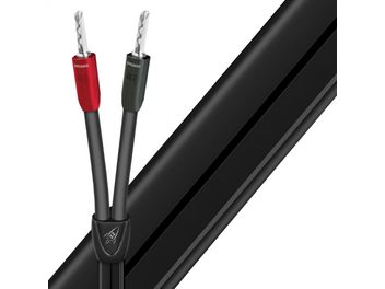Siyah Audioquest Rocket 22 hoparlör kabloları, uçlarında gümüş ve kırmızı SureGrip 300 muz fişli konnektörlerle