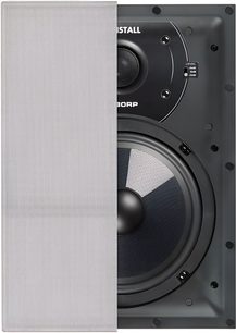 Q Acoustics Qi80RP Performance indbygget væghøjttaler set forfra, hvid perforeret metalfront delvist fjernet, hvilket afslører sort mat kabinet med sort diskant og basenhed