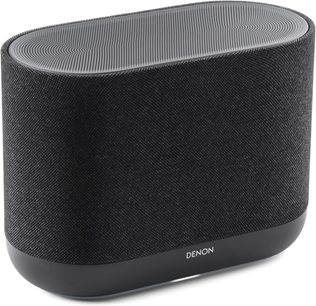 Denon Home 400 trådløs højttaler, oval i sort kulfarve, med frontstof og øverste metalgitter, set i trekvart profil