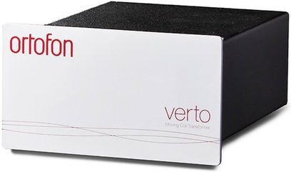 Ortofon Verto phono forforstærker, hvid og sort kabinet, minimalistisk design, rødt logo, reflekterende overflade