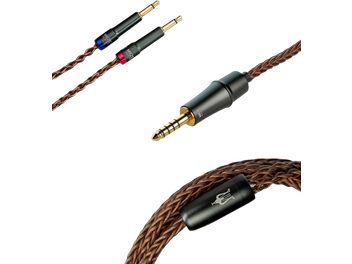 Cabos de áudio trançados marrons com conectores banhados a ouro de 3,5mm, 6,35mm e 4,4mm da Meze Audio