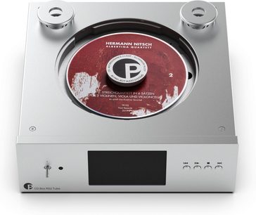 Lettore CD hi-fi Pro-Ject CD Box RS2 Tube argento, vista dall'alto con disco visibile e schermo nero