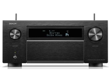 Ampli home-cinéma Denon AVC-A1H noir, face avant, affichage bleu "Blu-ray Dolby Atmos", boutons et molettes argentés