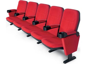 Fila de 5 sillones de cine Lumene Hollywood Confort V2 rojos, de cuero, con apoyabrazos negros, vista frontal