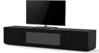 Mobilier TV negru lucios Sonorous STA200I cu ușă centrală din sticlă și raft deschis, conceput pentru amplasarea unui televizor plat