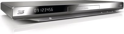 Philips BDP7600 4K Blu-ray-afspiller i børstet metal med blåt LED-display, skrå front, trekvartersperspektiv forfra