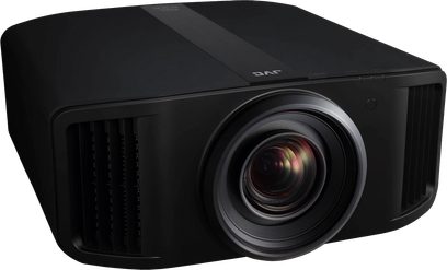 JVC DLA-NZ9 black projector, front view slightly angled, centered lens with red ring inside