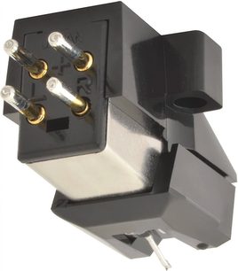 Læsehoved med 4 forgyldte skruer, sort metalarm, sort cylindrisk modvægt og sort snoet kabel