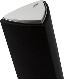 Černý sloupový reproduktor Jamo, pohled zepředu ze tří čtvrtin, přední strana šedá, stříbrný výškový reproduktor, černá mřížka