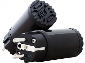Connecteur secteur noir mat NCF avec prise Schuko et câble gainé noir, vue de profil gauche
