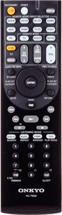 Črni daljinski upravljalnik Onkyo RC-765M s sivimi gumbi in LCD zaslonom, pogled od spredaj