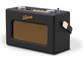 Radio stołowe Roberts Revival Uno BT, prostokątne pudełko z czarnej zamszowej skóry z pozłacaną metalową kratką głośnika, kremowymi przyciskami sterującymi i chromowaną anteną na górze, czarny pasek boczny z pozłacanymi końcówkami, widok z przodu pod kątem trzech czwartych