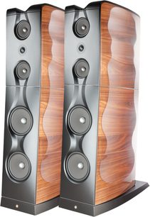 Gold Note XS-85 high-gloss walnut floorstanding speakers, hi-fi pair with black front and multiple drivers