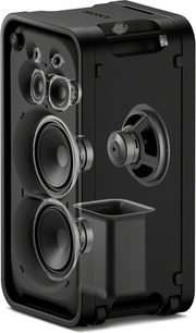 Bærbar svart Sony ULT TOWER MAX Bluetooth-høyttaler, eksplodert visning med synlige høyttalere og subwoofer