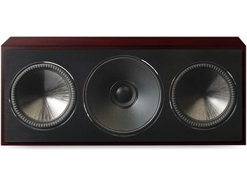 Diffusore centrale Paradigm Founder 70LCR in ciliegio scuro, vista frontale, 3 altoparlanti circolari neri su facciata in legno scuro rettangolare