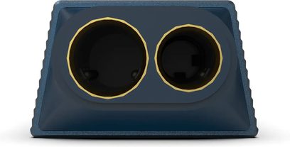 iFi Audio GO Link 2 Max, портативний аудіоконвертер темно-синього кольору, вигляд спереду з двома круглими роз'ємами в золотистому обрамленні
