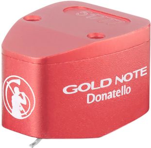 Zlata opomba Donatello živo rdeča gramofonska celica, zaobljena trapezoidna aluminijasta ohišja, bela znamka na vrhu