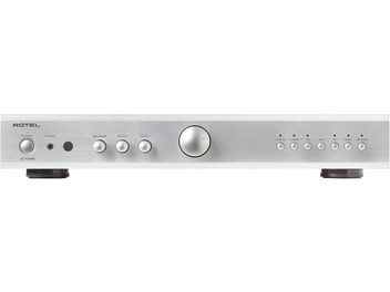 Integrert stereo hi-fi forsterker A11 MKII, frontvisning, sølvfinish, sirkulære knapper, hodetelefonkontakter, inngangsvelgere