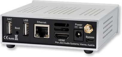 Verkkosoitin Stream Box S2 Ultra, takanäkymä, hopeanvärinen suorakaiteen muotoinen kotelo, USB-, Ethernet-, HDMI-liitännät, 18V virtalähde, ohitus, mustat jalat