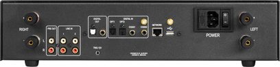 Stereo hi-fi-forstærker Atoll Electronique SDA300 Signature sort, bagside, analog og digital lydtilslutning, strømforsyning