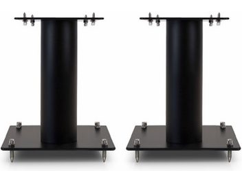 Twee Norstone Design Stylum S zwarte satijnen vloerstaande luidsprekers, gemaakt van zwart metaal, met een cilindrische vorm, op een vierkante voet, frontaal gezien