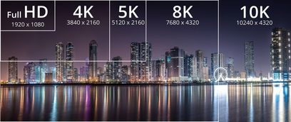 Porovnání rozlišení obrazovky od Full HD až po 10K s nočním pohledem na osvětlené mrakodrapy u vody