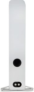 Q Acoustics 5050 matte white floorstanding speaker in MDF cabinet, rear view, featuring a black circular port and a recessed dual binding post, mounted on a spiked metal base