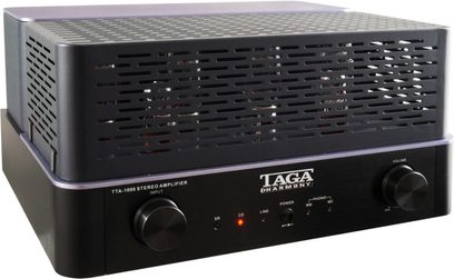 Hi-fi lampový zesilovač Taga Harmony TTA-1000 černý, pohled zepředu, kovová mřížka, ovládací knoflíky a konektory na čelním panelu, černé šasi