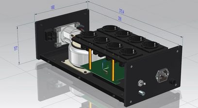Taga Harmony PC-5000 sort strømkonditioneringsanlæg, sort, 3D isometrisk eksploderet visning, 8 stikkontakter, afbryder, voltmeter