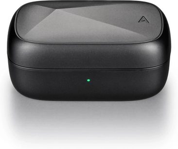 Sluchátka Astell&Kern AK UW100 v matné černé barvě, pohled shora, se stříbrným logem "A" na vrchní části sluchátek