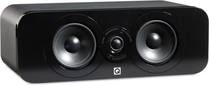 Sort Q Acoustics center højttaler, set forfra, med to basenheder og en central diskant