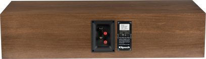 Centrální reproduktor Klipsch RC-64 III v ořechovém provedení s reproduktory, připojovacími svorkami a basreflexovým portem na zadní straně