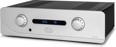 Ενισχυτής hi-fi στερεοφωνικός Atoll Electronique IN400 Evolution ασημί, όψη από μπροστά, 2 κυκλικά κουμπιά, κεντρική οθόνη, λεία επιφάνεια