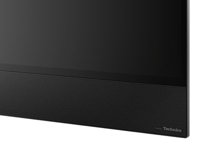 Panasonic TX-65GZ2000E OLED 65" TV, set forfra, slukket skærm, smal sort ramme, højttalergitter under skærmen