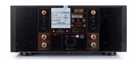 stereo hi-fi forstærker AD-2900 sort bagfra, XLR- og RCA-stik samt højttalerterminaler