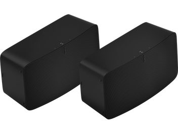 Due diffusori connessi Sonos Five neri opachi rettangolari compatti, affiancati, con la parte frontale piana e la griglia