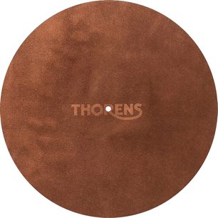 Copripiatto circolare in feltro di pelle marrone, vista dall'alto, logo Thorens centrato, foro centrale visibile