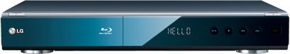 LG BD390 sort Blu-ray-afspiller, frontvisning, frontpanel med blå skærm, knapper og diskskuffe