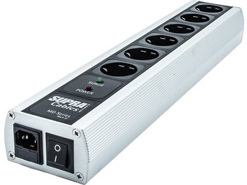 Supra MainBlock MD06-EU/SP MK3 Surge Protector Power Strip with 6 black outlets, switch, and ribbed rectangular metal casing