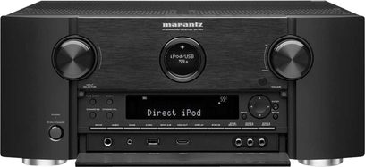 Ampli home-cinéma Marantz SR7007 noir, face avant, vue de face, affichage "Direct iPod", boutons et prises en façade