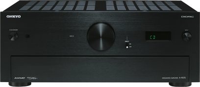 Integrovaný hi-fi stereo zesilovač Onkyo A-9070 černý, pohled zepředu, čelní panel v černé barvě se stříbrnými tlačítky a ovladačem, zelený displej