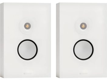 Pair of white Monitor Audio Silver On-Wall 8G wall-mounted speakers, front view with visible drivers