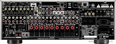 Amplificatore home theater Denon AVR-3808, pannello frontale, vista frontale, numerosi pulsanti e connettori, display digitale